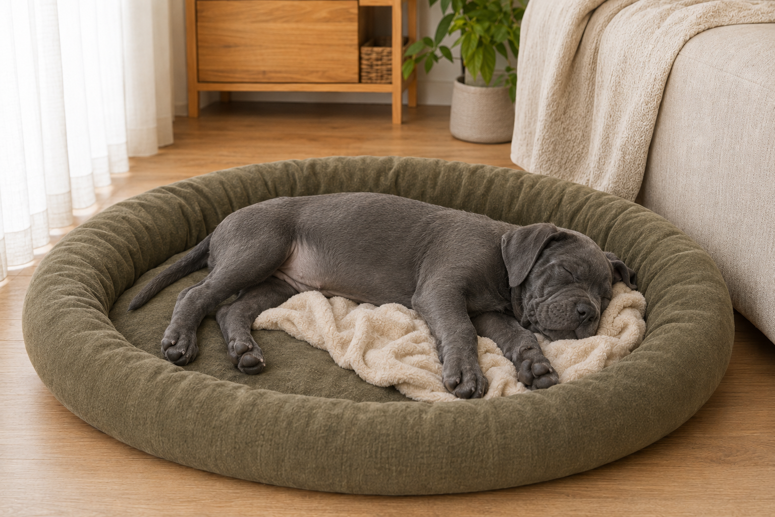 Štěně cane corso odpočívá v měkkém olivovém pelíšku